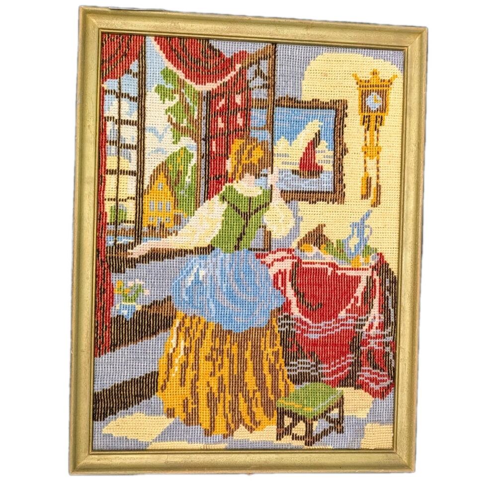 Needlepoint of Woman at the Window by Vermeer Romantic Vintage